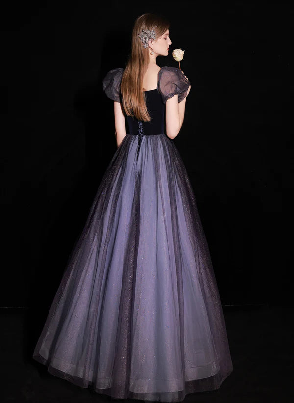 A-line Dark Purple Short Sleeves Tulle and Velvet Long Prom Dress